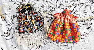 Two Beaded 1960's Drawstring Purse Handbag Bags One w Black Other Red - Picture 1 of 11