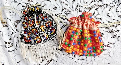 Two Beaded 1960's Drawstring Purse Handbag Bags One w Black Other Red - Image 1 of 4