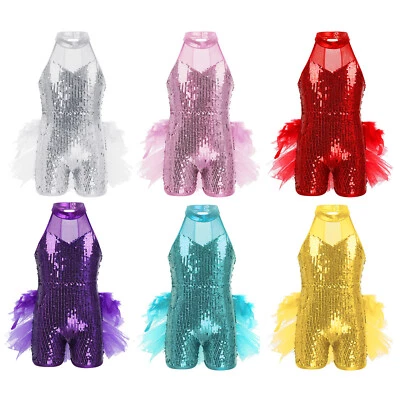 Kids Girls Jazz Latin Sparkle Sequins Ballet Dance Wear Costume Leotard Jumpsuit - Image 1 of 4