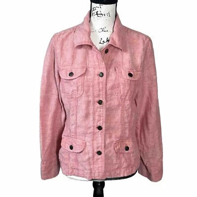 Chaqueta J Jill 100% Lino Rosa Mujer Mediana Abotonada Solapa Bolsillo Abrigo Lagenlook Foto 1 de 4