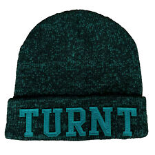 TURNT Knit Cuff Beanie Cap Felt Letters Black Teal Party Hat New