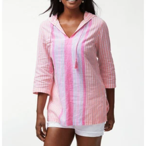 Tommy Bahama Striped Baja Hoodie Top Size Small Pink  Linen Cotton Beachy Summer - Picture 1 of 7