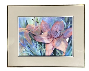 Vintage 1992 Framed Original Watercolor Painting of Lilies, by JR 20" x 16" - Picture 1 of 6