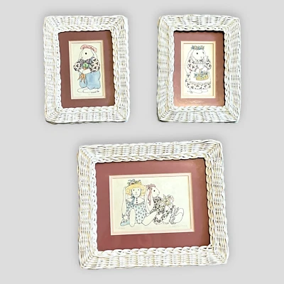 Debbie Woods 80s Set 3 Signed LE Rabbit Prints White Wicker Frames Cottage Core - Image 1 of 4