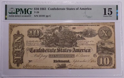 1861 $10 Confederate States of America T-29 PMG Choice Fine 15 - Image 1 of 2