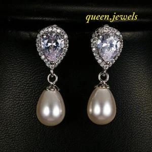 Lab-Created 3CT Pear Shape Diamond Teardrop Halo Earrings Gift 14K White Gold FN - Picture 1 of 4