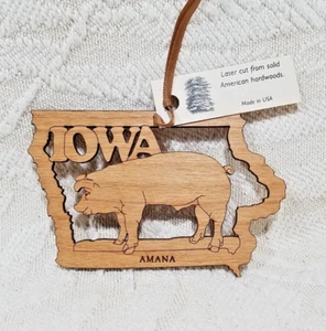 IOWA STATE AMANA LASER CUT WOODEN PIG HOG CHRISTMAS TREE ORNAMENT MADE IN USA - Picture 1 of 9