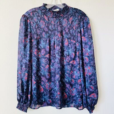 Joie Purple Silk Paisley Long Sleeve High Neck Blouse Sz M B-19 - Image 1 of 4