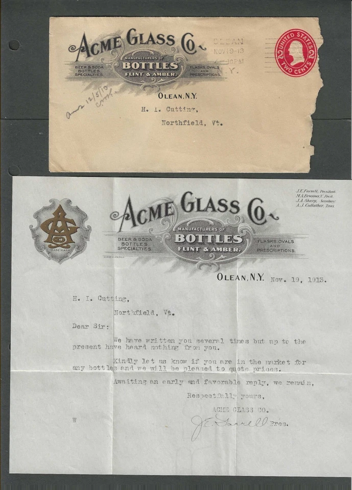 1913 Olean NY Acme Glass Co Makes Bottles Flint & Amber W/Letter Head & Bio - Image 1 of 1