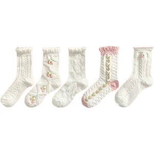 Floral White Socks w/ Pink Flowers, Texture, Ruffle Trim New Lot of 5 Pairs - Picture 1 of 8