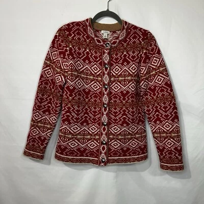 L.L. Bean Women’s Red Fair Isle Cardigan Sweater Size S Lambswool Cabincore Cozy - Image 1 of 4