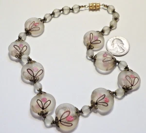 Rare Unusual Vtg Czech Frosted Wedding Cake w/Rose Art Glass Bead Necklace 17.5" - Picture 1 of 2