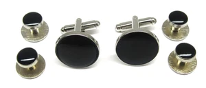 Silber Schwarz Knopf Manschettenknöpfe Hemd Nieten Set Rund Smoking Hochzeit Herren Formell - Bild 1 von 4