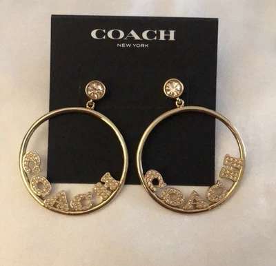 Coach Gold Tone Signature Frontal Logo Hoop Earrings Crystal Accents NWT - Image 1 of 4
