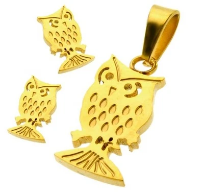 Conjunto de pendientes y colgantes de oro amarillo PVD búho de acero quirúrgico hipoalergénico Foto 1 de 2