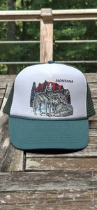 Vintage Wolves Montana Nissin Mütze Kappe Druckknopflasche Erwachsene grün Polyester Trucker sauber - Bild 1 von 9