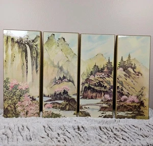 Set 4 pannelli vintage arte da parete asiatica fiori di ciliegio vista campagna - Foto 1 di 11