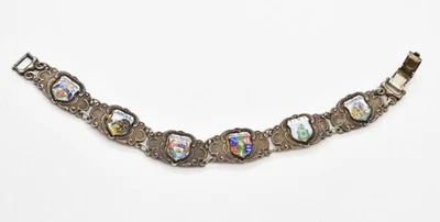 7.5" New Zealand Sterling Six Enamel Travel Shield Charm Bracelet 32gm 17mm Wide - Image 1 of 4