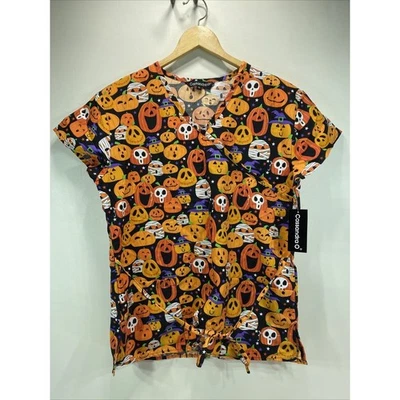 CaSandra O Halloween Scrub Top Women X-Small Pumpkin Jack-O-Lantern Uniform NEW - Image 1 of 4
