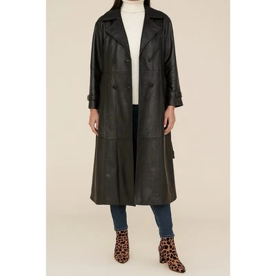 Vintage Black Genuine soft Leather Long Trench Coat double breast size L relaxed - Image 1 of 4