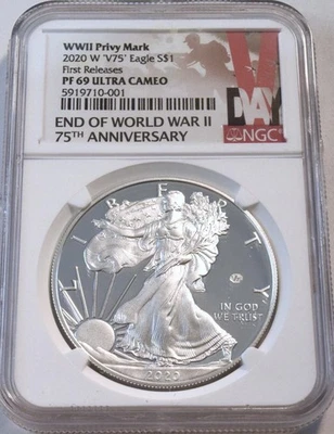 2020 W $1 NGC PF 69 UCAM American PROOF V75 Silver Eagle WWII Privy FR 75th Ann - Image 1 of 2