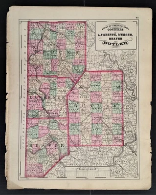 Mapa antiguo coloreado a mano 1872 pa LAWRENCE MERCER BEAVER BUTLER co 17,25x13,75  Foto 1 de 3