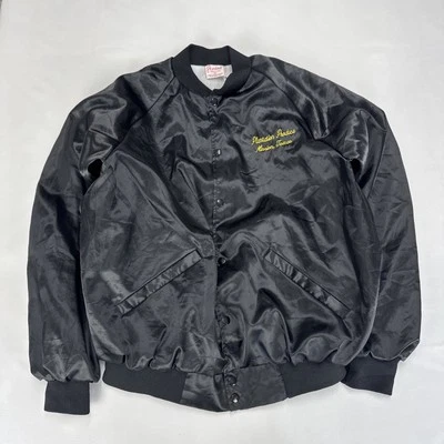 Vintage BOMBER Jacket Adult XL Black Satin Buttons Embroidered Made In USA 80s - Image 1 of 4