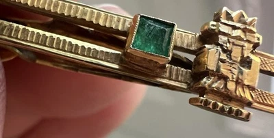 Antique Yellow 12 Gold Aztec Mayan Inspired Tie Bar Tac Pin Natural Emerald - Image 1 of 4