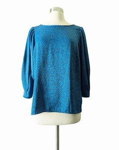 BANANA REPUBLIC Top Blouse Turquoise Blue Black Puff Sleeve Satin MEDIUM - Picture 1 of 7