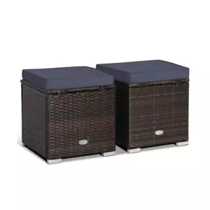 WELLFOR Wicker Outdoor Ottoman 15.5"H with Navy Cushion and Storage 2-Pieces - Picture 1 of 2