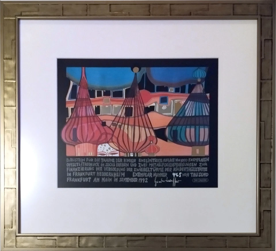 Lithografie F. Hundertwasser " Baustein für die Träume der Kinder" Galerierahmen - Bild 1 von 1