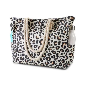 Leopard Print Canvas Tote Beach Bag for Women Waterproof Sandproof with Zipper - Picture 1 of 9