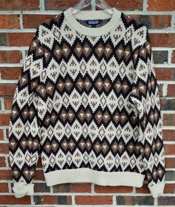 Patagonia Men's Large Recycled Wool Blend Sweater Geometric Brown/Ivory  50655 - Picture 1 of 4