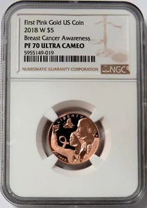 2018 W ROSE GOLD $5 BREAST CANCER AWARENESS NGC PROOF 70 UC COMMEMORATIVE COIN - Picture 1 of 2