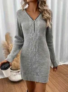 New Gray Cable Knit Zipper Front V-neck Dress, Elegant Long Sleeve Knitted Med. - Picture 1 of 7