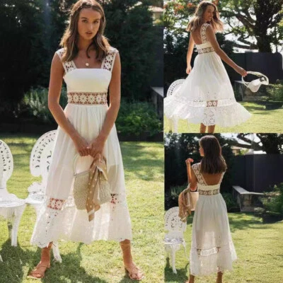 Vestido maxi feminino boho renda verão casual férias praia longo vestido de verão - Imagem 1 de 4