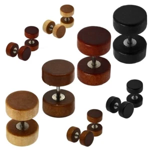 2 Fakeplugs Holz Fake Plug Tunnel Piercing Ohrstecker Beige Braun Button 10 mm - Foto 1 di 3