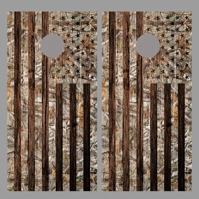 Camouflage American Flag Dark Wood Design Cornhole Board Decal Wraps - Image 1 of 3