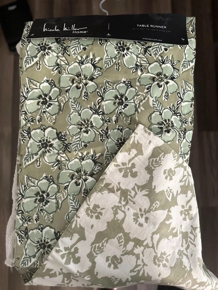 Nicole Miller Reversible Table Runner Floral Design Green 16x90 Inch New - Image 1 of 3