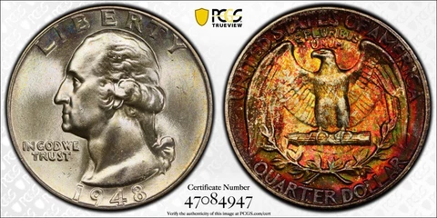 1948 MS66 Washington Quarter Rainbow Toned PCGS Trueview +Video Cover