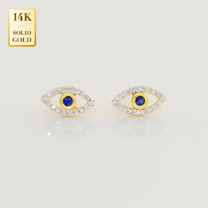Aretes finos de oro macizo real de 14 quilates con diamantes genuinos naturales para mal de ojo - Imagen 1 de 5