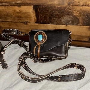 Vintage - Buffalo Leather Stitching Satchel - Bohemian Mini Bag 6” W Turquoise - Picture 1 of 8