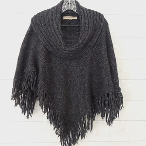 Poncho Chal Tejido Vintage America S/M Cuello Capucha Flecos Gris Oscuro Negro - Imagen 1 de 6