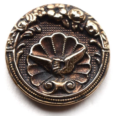 Antique Metal Picture Button Bird in Shell Flower Border 1-1/8” - Image 1 of 4