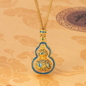 Gold Plated Enamel Gourd Pendant Necklace Chinese Style Lucky Charm Jewelry - Picture 1 of 7