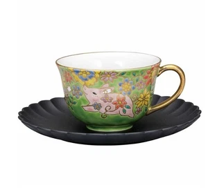 Kutani Ware Porcelain Japanese Tea Cup & Saucer Set Green Piglet Japan - Picture 1 of 3