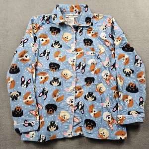 Pajama Mania Dog Flannel Top Women M Blue Long Sleeve Button Puppy - Picture 1 of 5