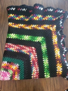 Granny Square Crochet Blanket Throw Multicolor/Black Ruffled Edge 54"x 46" - Picture 1 of 7