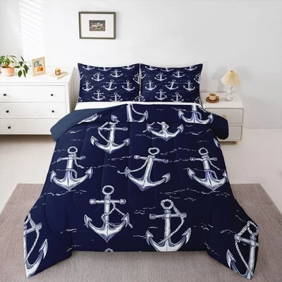 Boys Girls Anchor Decor Comforter Set Twin Size, Nautical Themed Duvet Insert... - Image 1 of 4