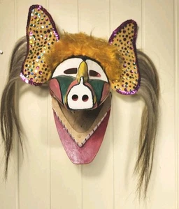 Máscara de carnaval mexicano única hecha a mano cerdo arte popular colgante de pared madera pintada - Imagen 1 de 10